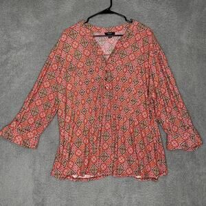 Cocomo womens quarter sleeve blouse top career office artsy geometric vneck 3x